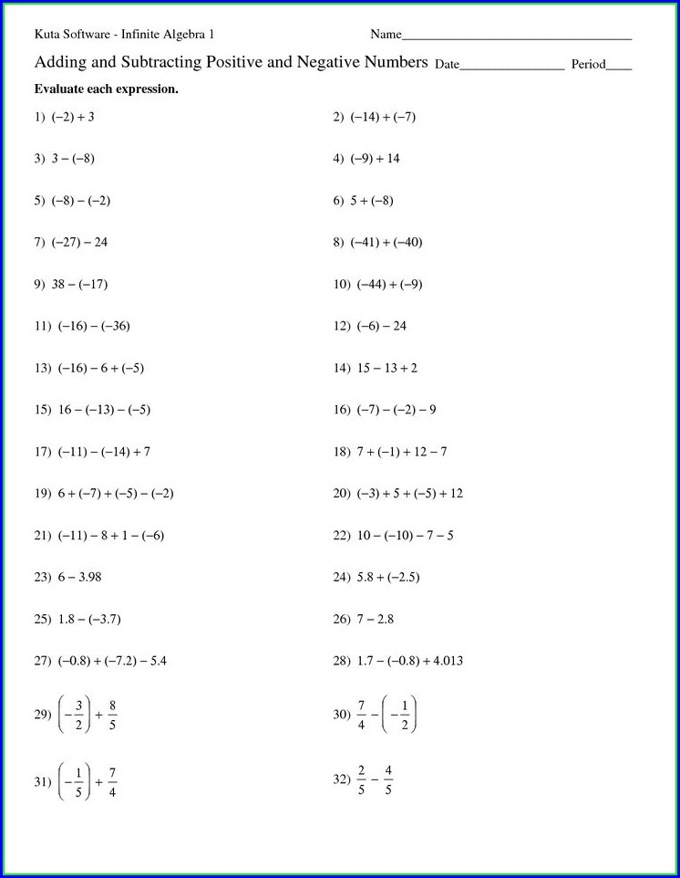 Adding And Subtracting Rational Numbers Worksheet Printable PDF Template