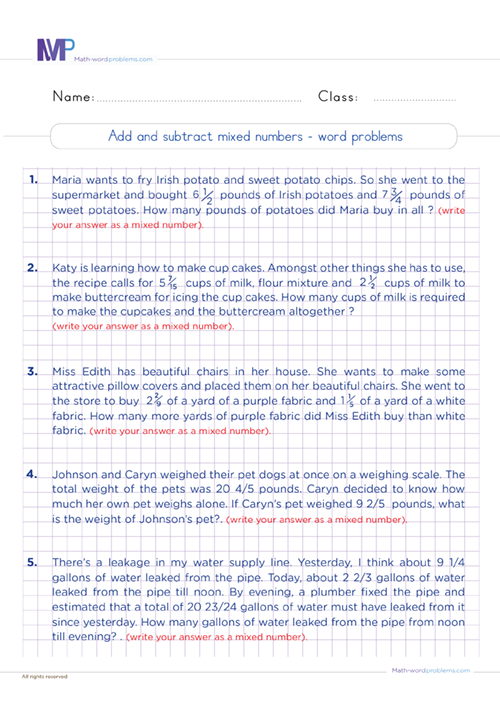 adding and subtracting mixed numbers word problems worksheet pdf