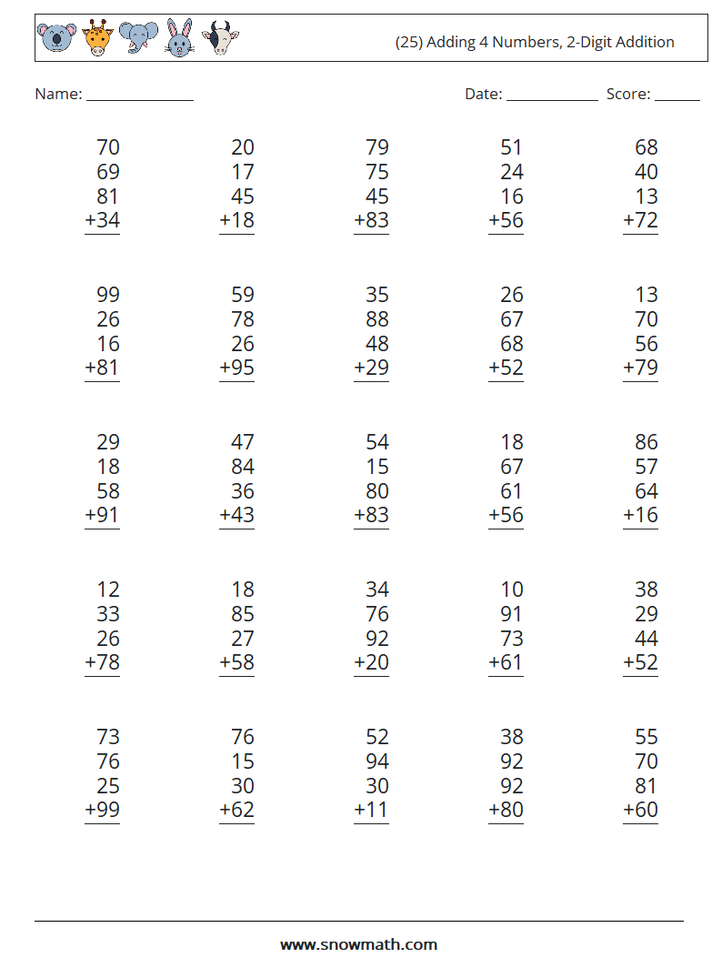 Adding Four Two Digit Numbers Worksheets Worksheets For Kindergarten