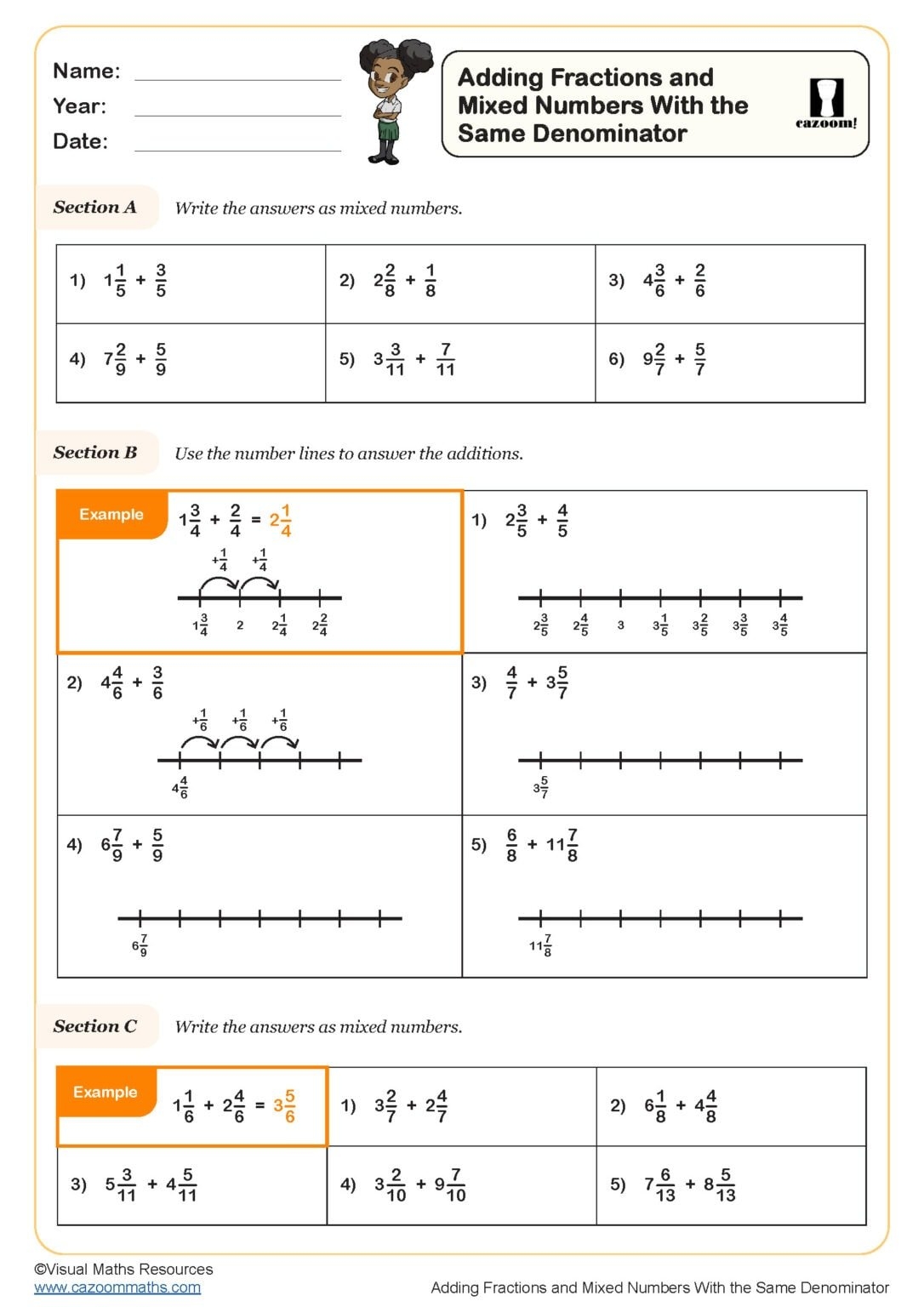Adding Fractions And Mixed Numbers With The Same Denominator Worksheet 