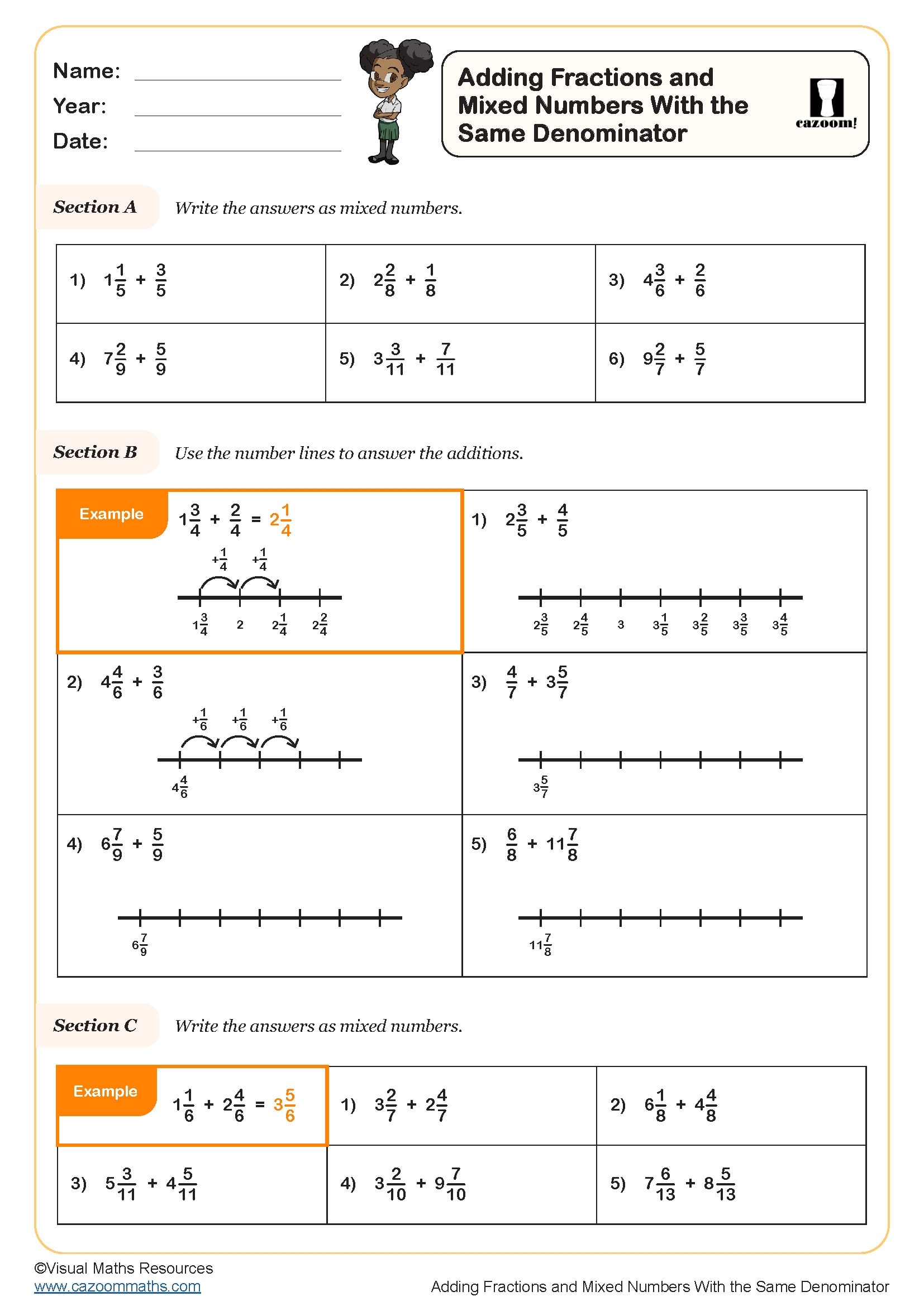 Adding Fractions And Mixed Numbers With The Same Denominator 