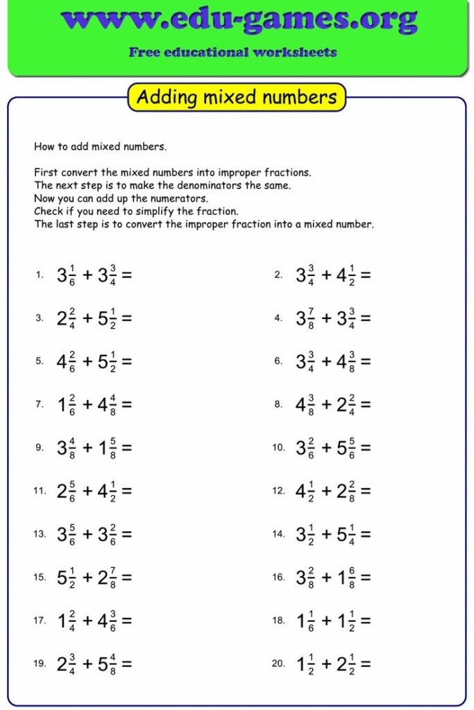 adding mixed numbers with unlike denominators worksheet