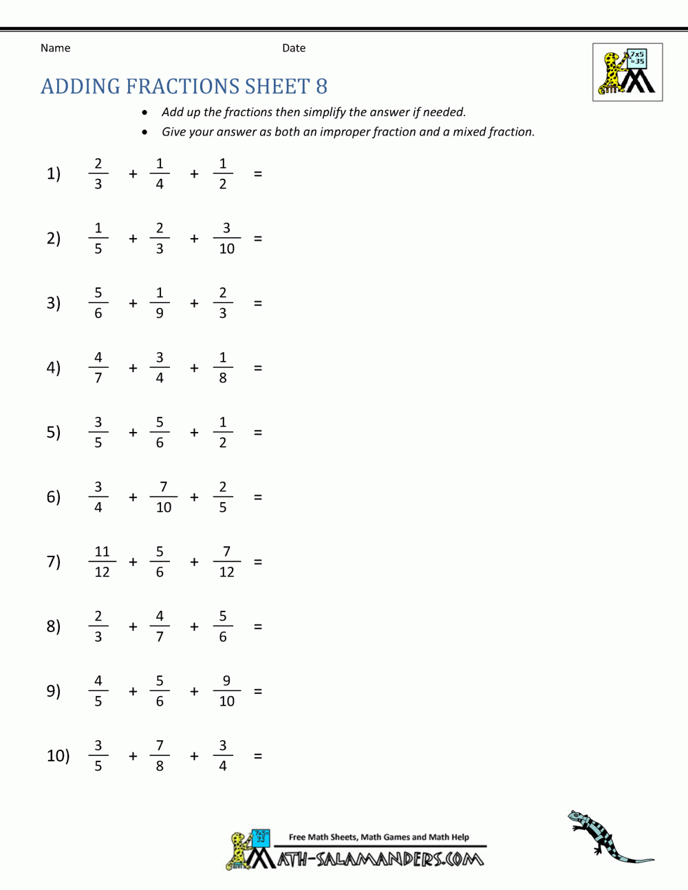 Adding Fractions And Mixed Numbers Worksheet Prntbl 