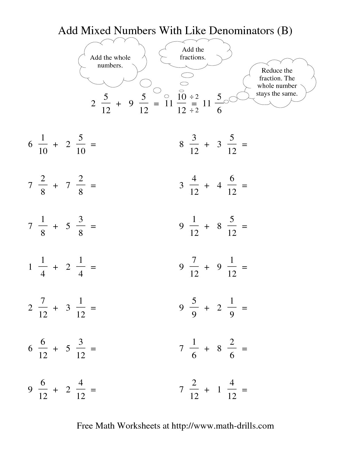 Adding Fractions Same Denominator Worksheet