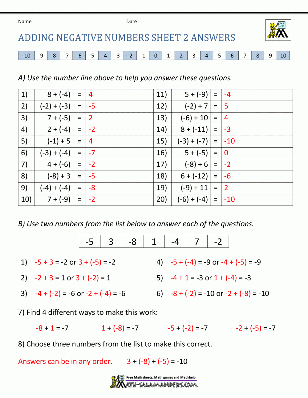 adding positive and negative numbers worksheet pdf