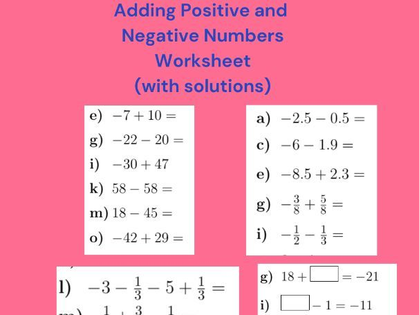 adding negative and positive numbers worksheet