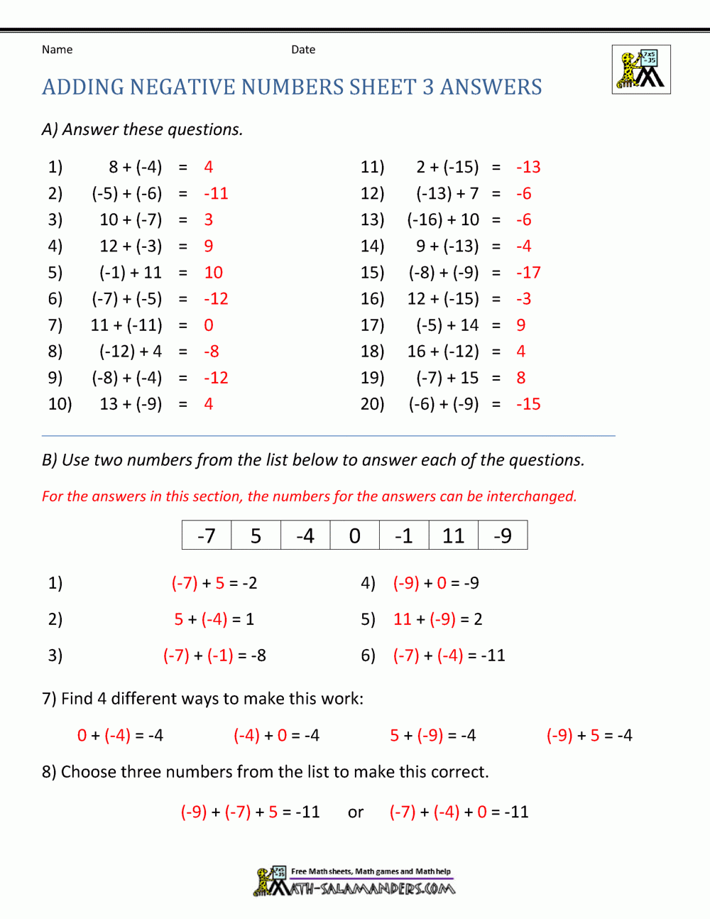 Adding Positive And Negative Numbers Worksheet