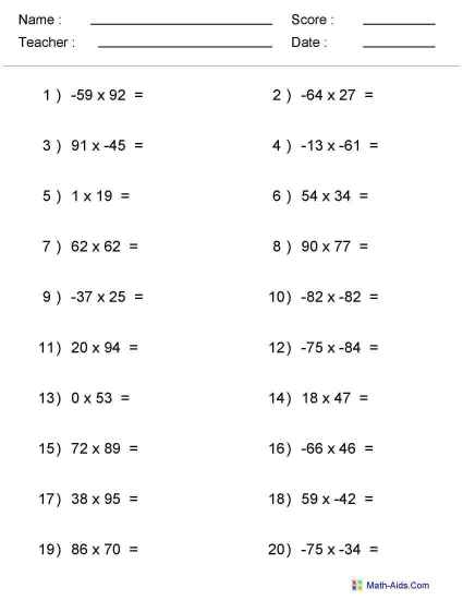 Adding Subtracting Multiplying And Dividing Negative Numbers Worksheets