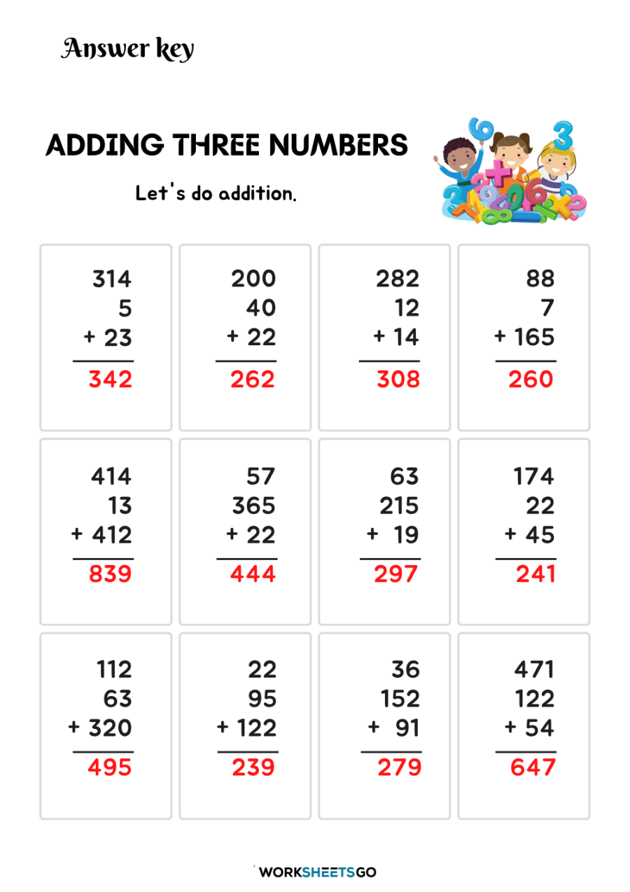 Adding Three Numbers Worksheets WorksheetsGO