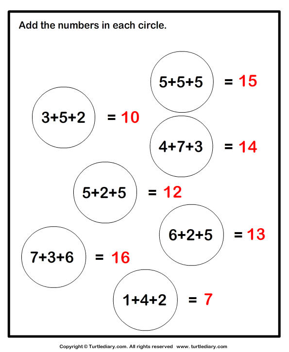 Adding Three Single Digit Numbers Worksheet