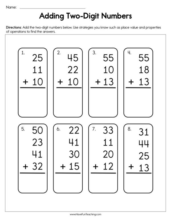 adding 2 digit numbers worksheet
