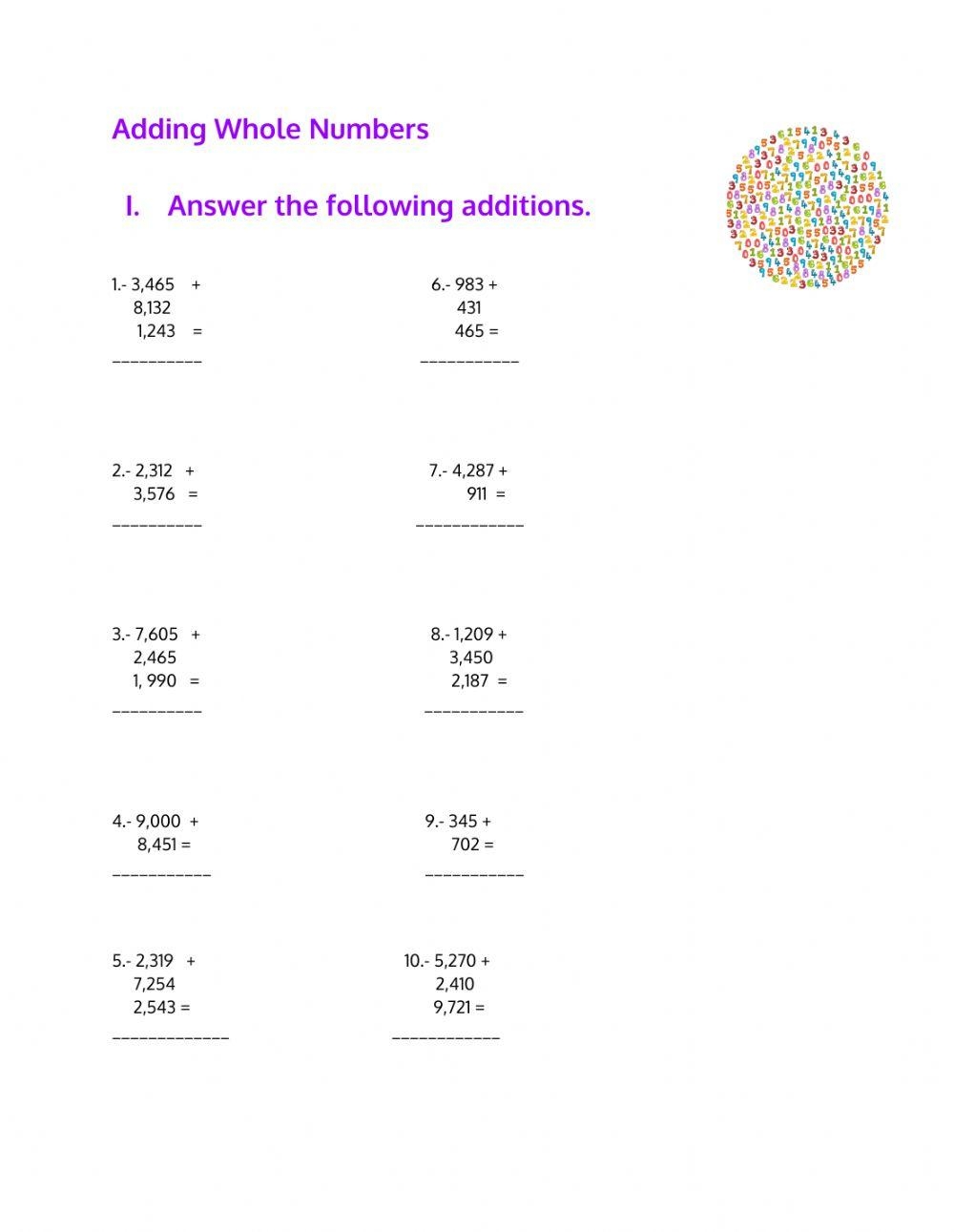 Adding Whole And Decimal Numbers Worksheets Library