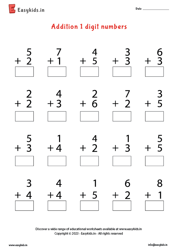 Addition 1 Digit Numbers Worksheet