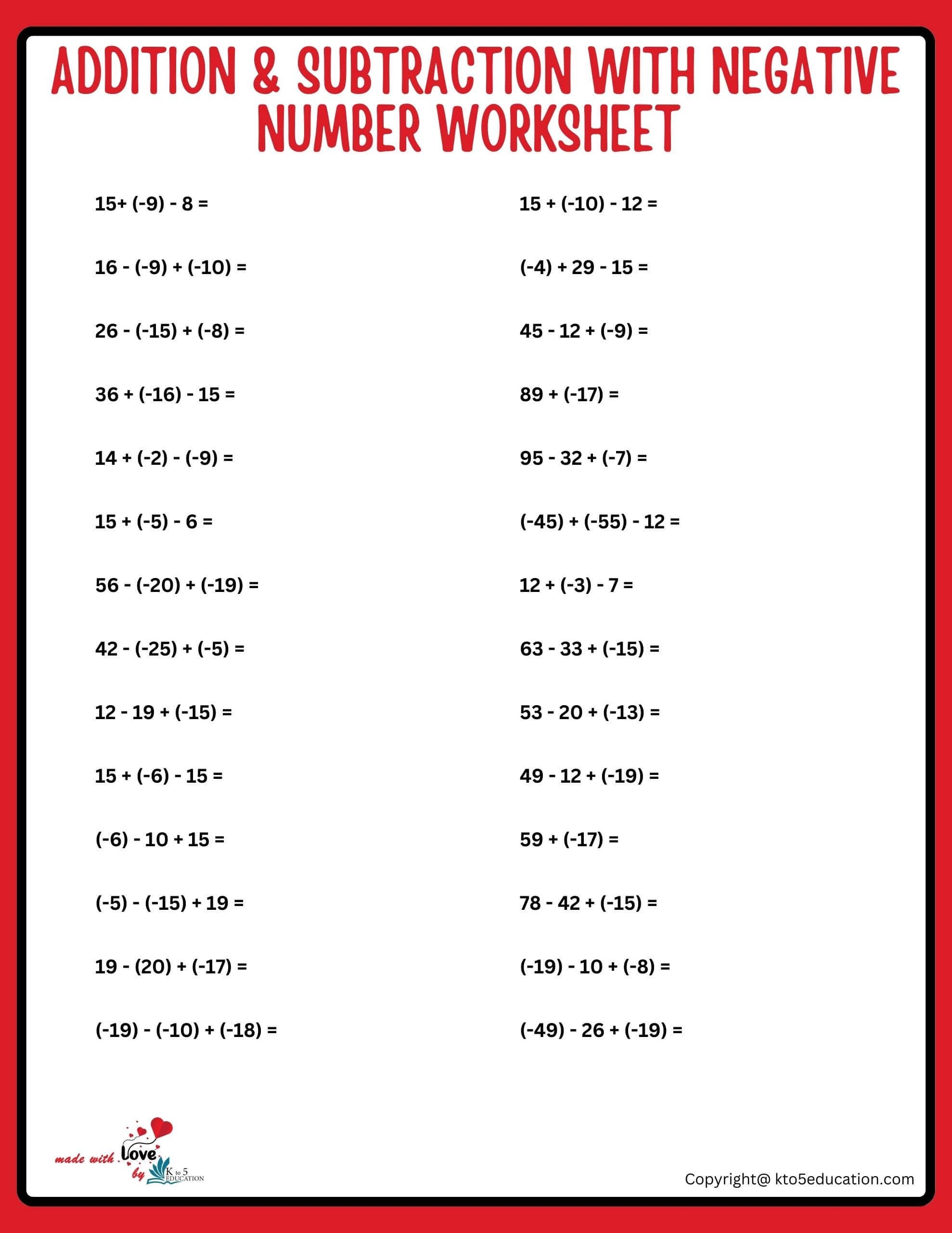 addition and subtraction negative numbers worksheets
