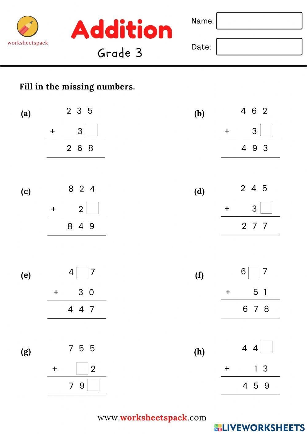 Addition Fill In The Missing Numbers Worksheet Live Worksheets 
