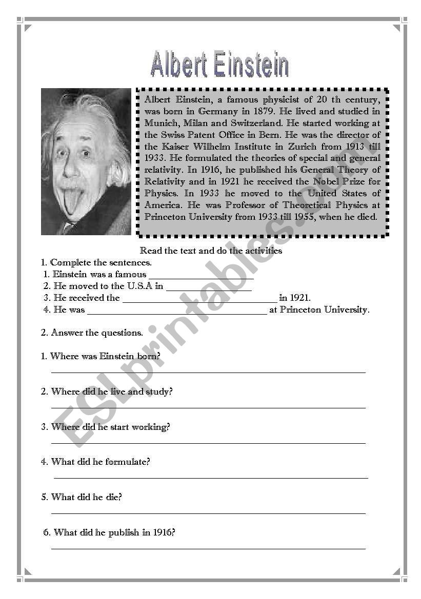 Albert Einstein ESL Worksheet By Hannah Costa