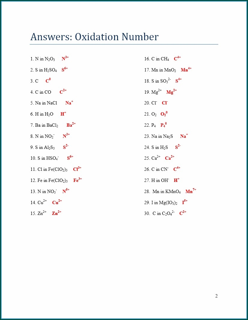 Assigning Oxidation Numbers Worksheet Answer Key Worksheet
