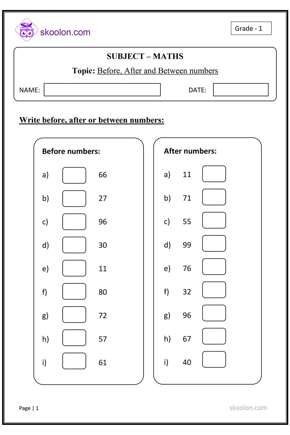 Before After Between Numbers Skoolon