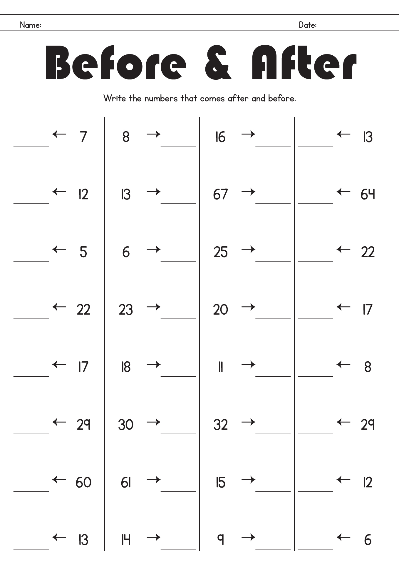 before and after numbers worksheets