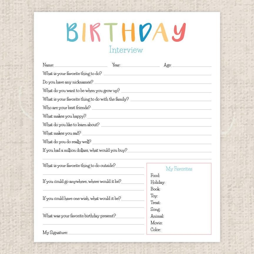 Birthday Interview Printable PDF Etsy Canada Birthday Interview