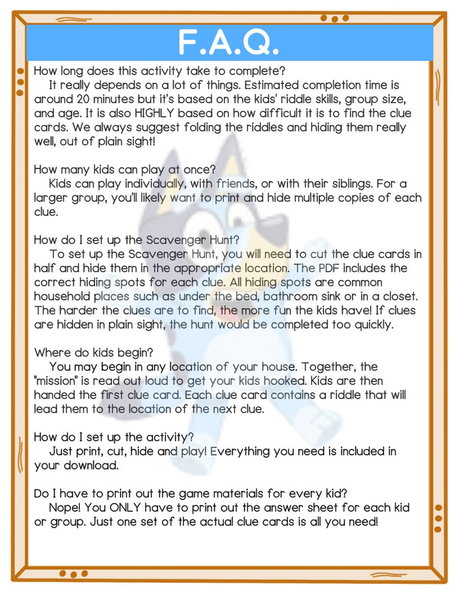 Bluey Scavenger Hunt Game Instructions Printable