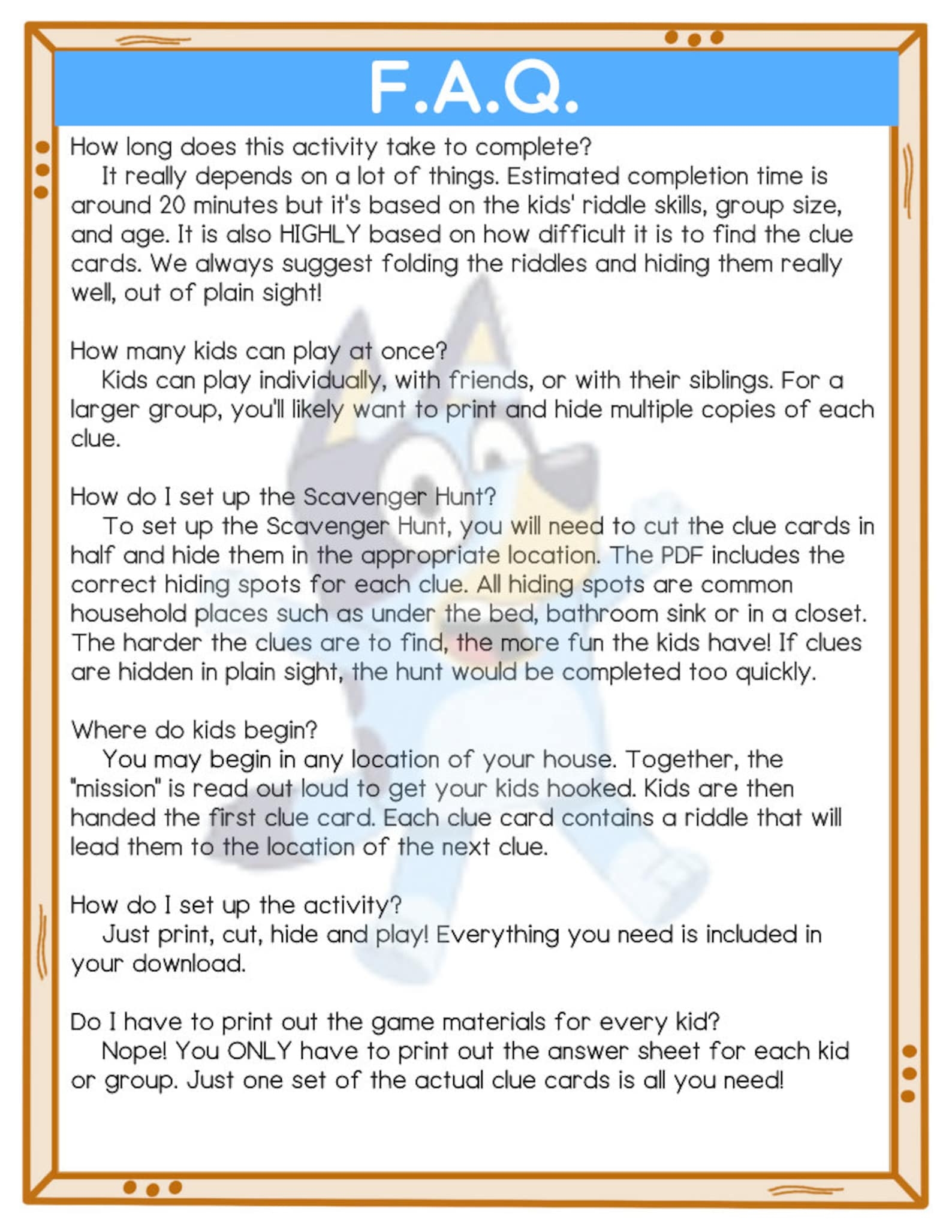 Bluey Scavenger Hunt Game Instructions Printable