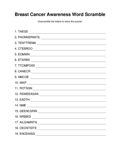 Breast Cancer Awareness Word Scramble