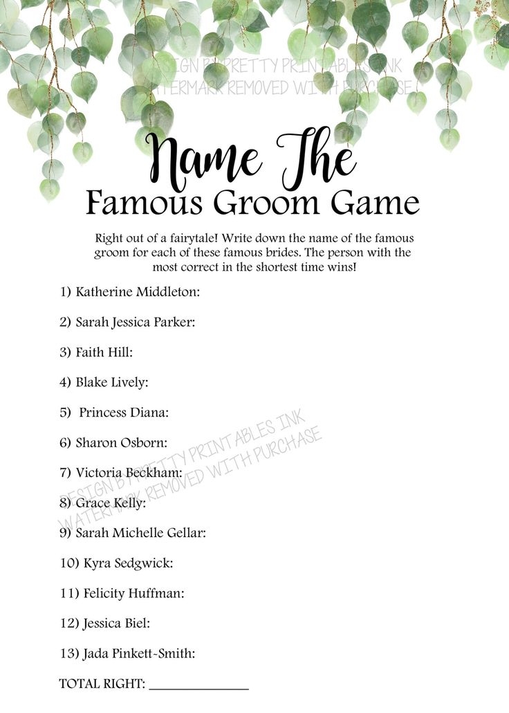 Bridal Shower Game Printable Celebrity Couples Quiz Greenery Bridal 