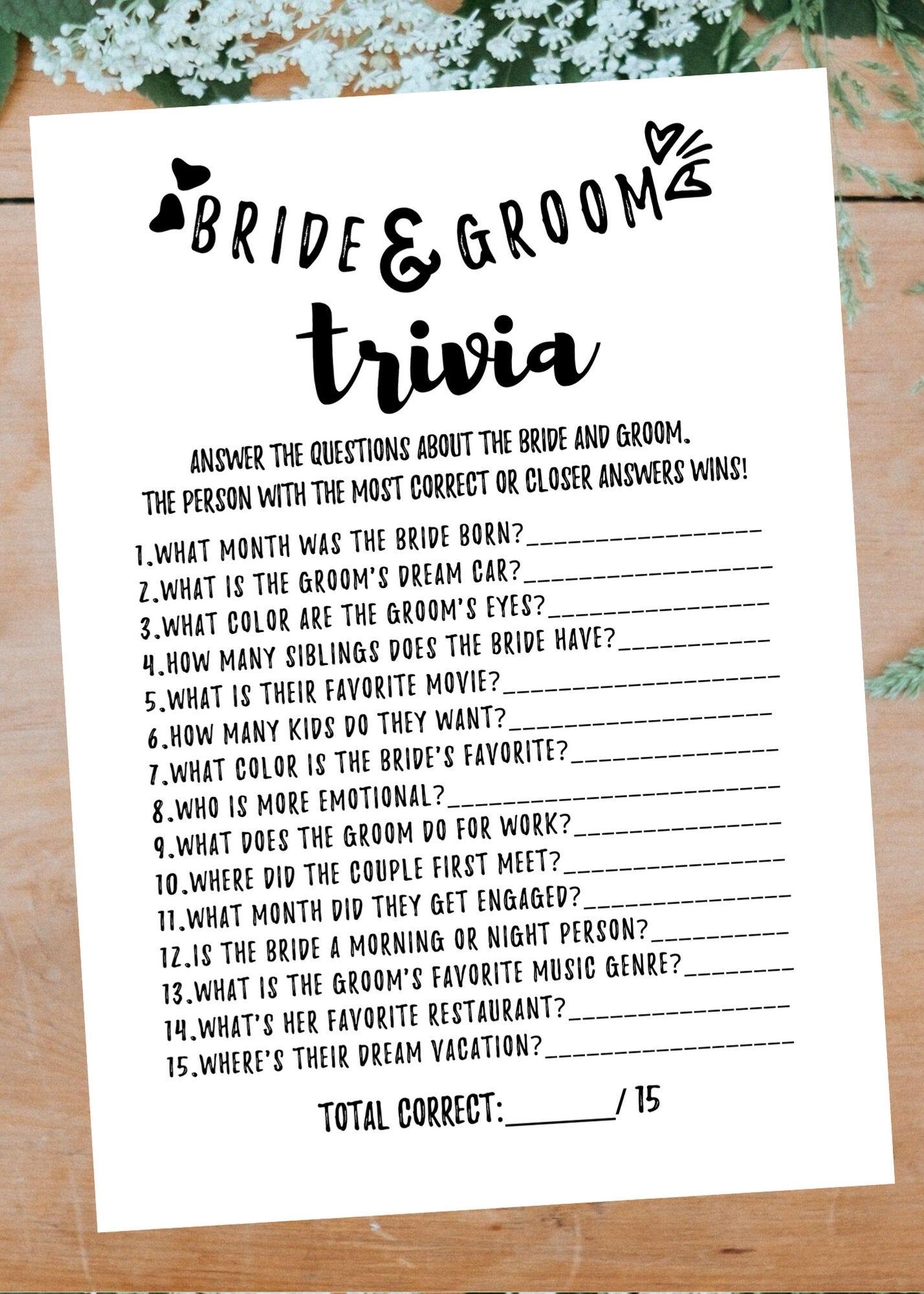 Bride And Groom Trivia Bridal Shower Game Printable Instant Etsy 