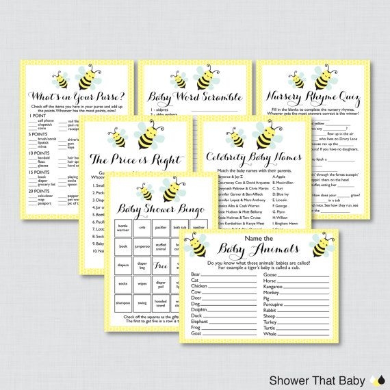 Bumble Bee Baby Shower Games Package In Yellow Seven Printable Games