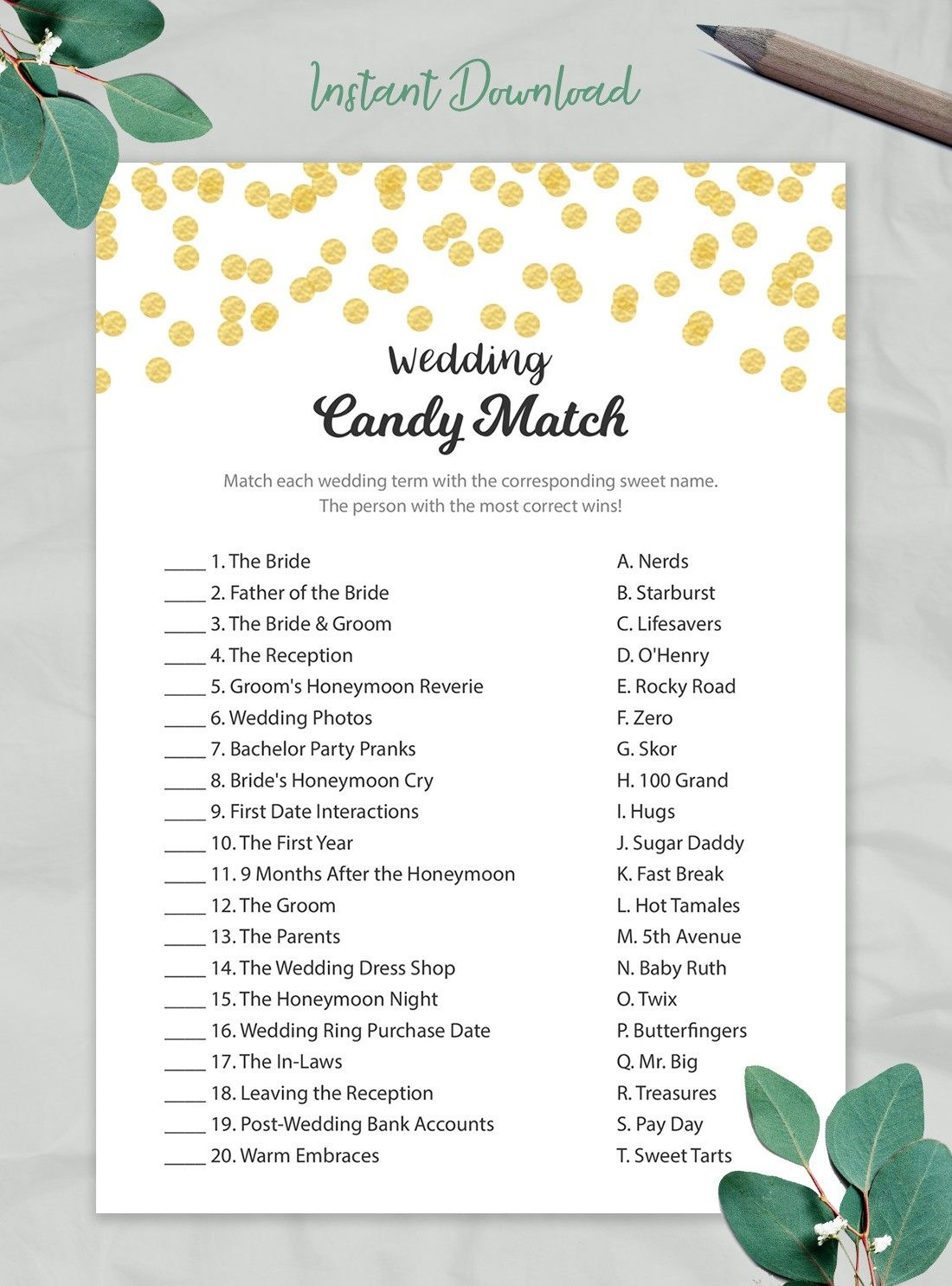 Candy Match Bridal Shower Game Printable Match The Candy Etsy 