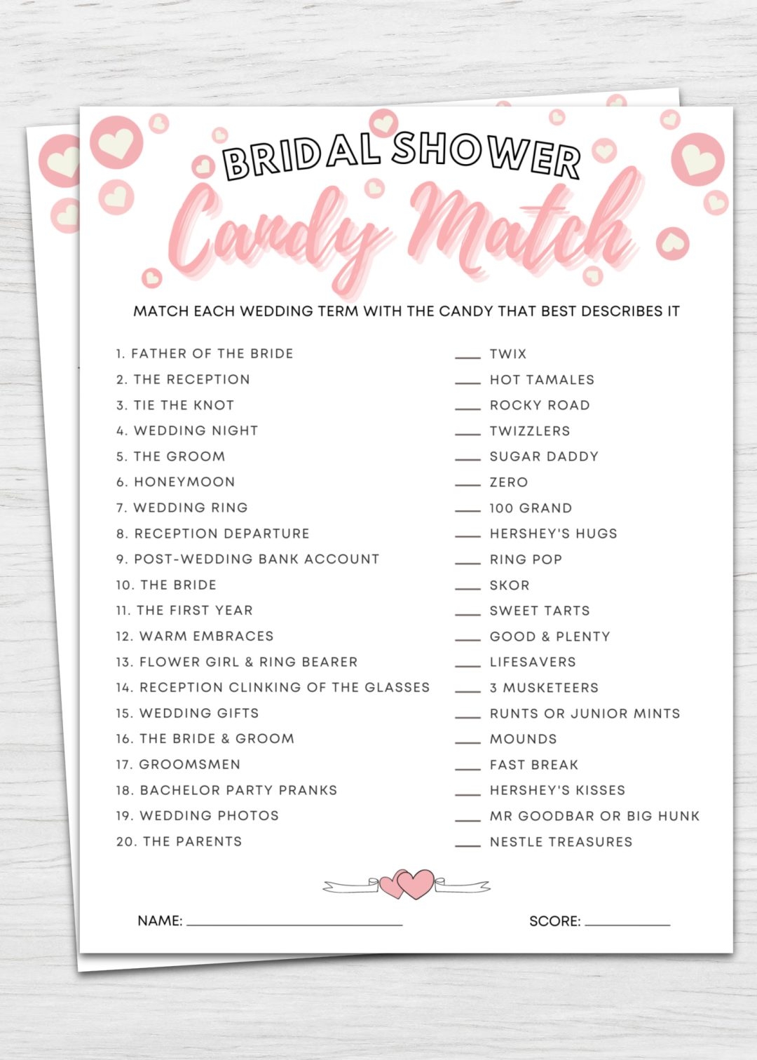 free printable candy match bridal shower game