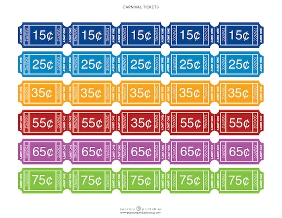 Carnival Tickets Printable Instant Download PDF Blue Yellow Red