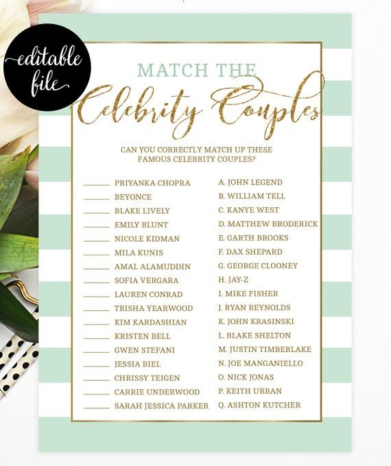 Celebrity Couples Bridal Shower Game Wedding Shower Game Match The