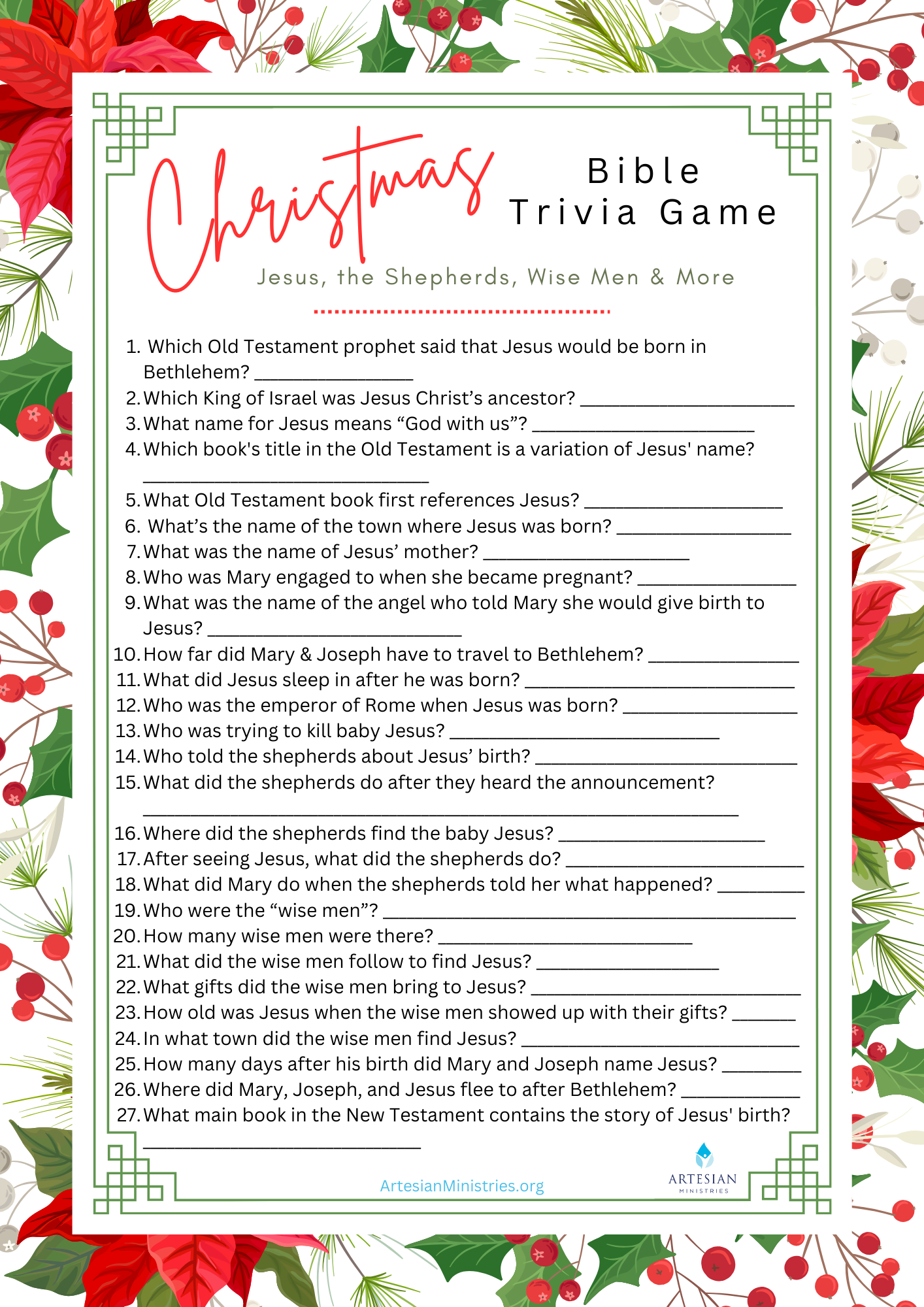 Christmas Bible Trivia Game Artesian Ministries