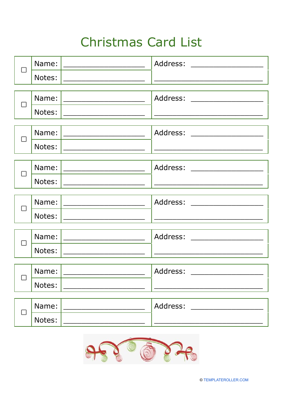 Christmas Card List Template Green Download Printable PDF 
