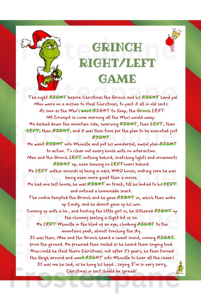 Christmas Left Right Grinch Game Christmas Pass The Prize Right Left 