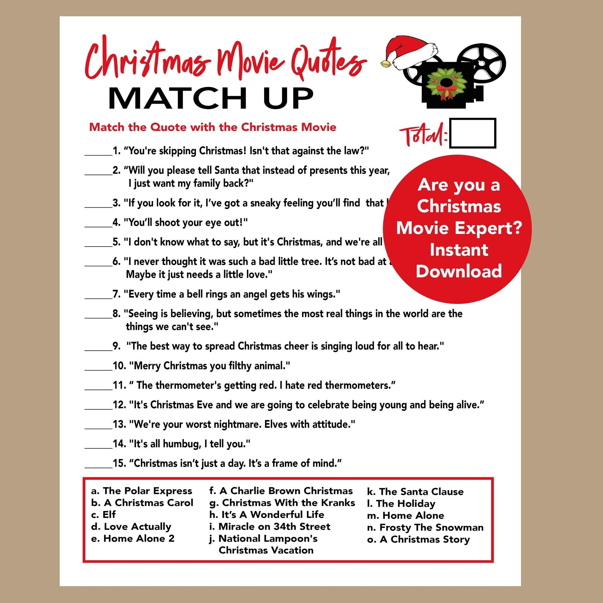 Christmas Movie Trivia Game Printable FREE Printable A Z