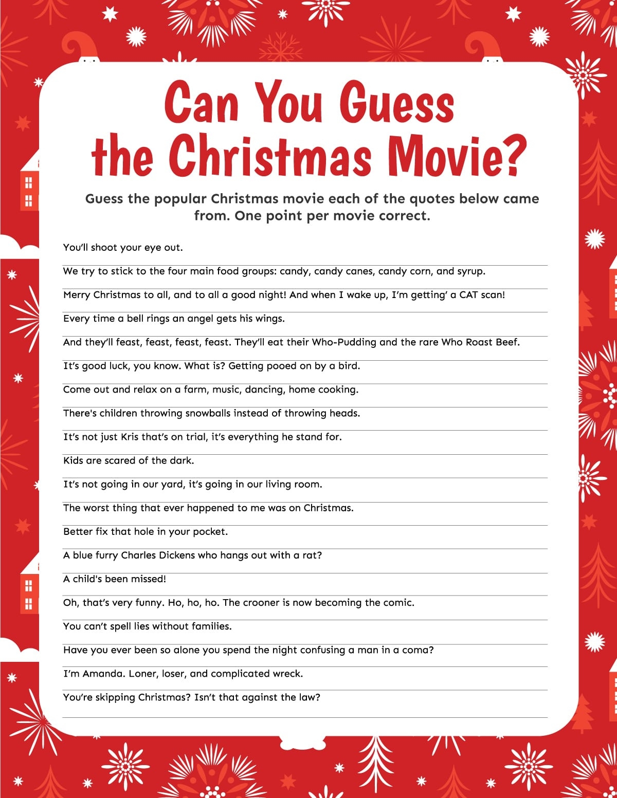 Christmas Movie Trivia Game Printable FREE Printable A Z
