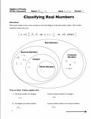 Classifying Real Numbers pdf Algebra 2 Precalc W I D2 Classwork 