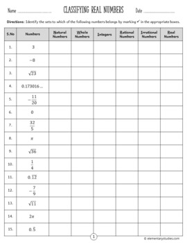 real numbers worksheet