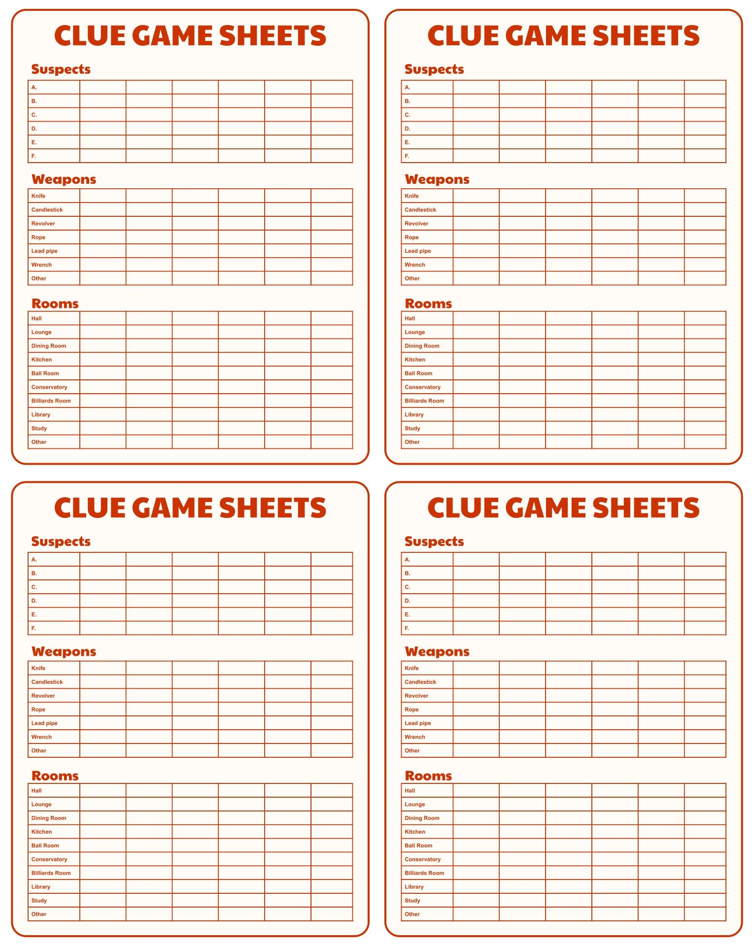 Clue Game Printable Sheets