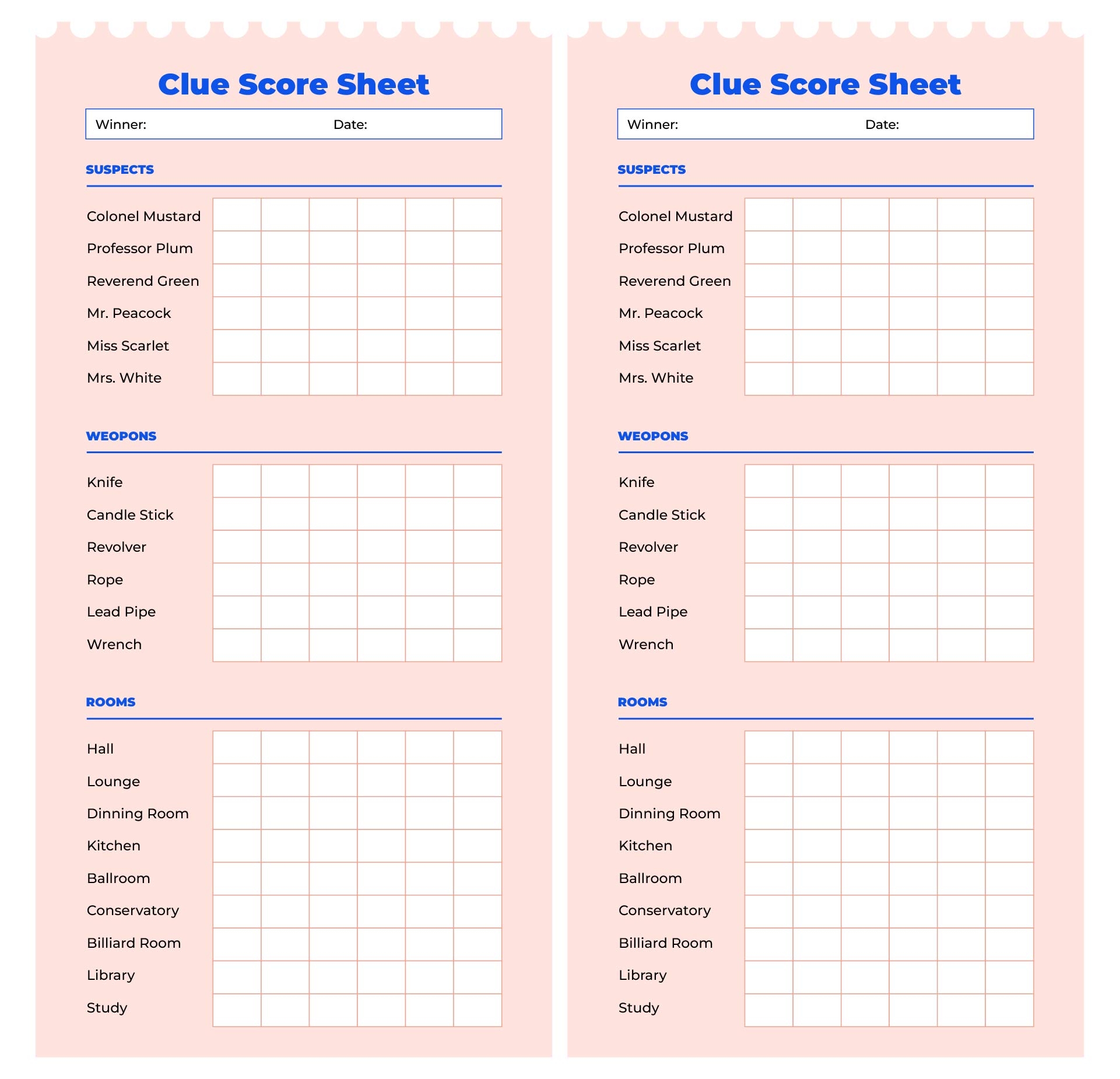 Clue Printable Game Sheets