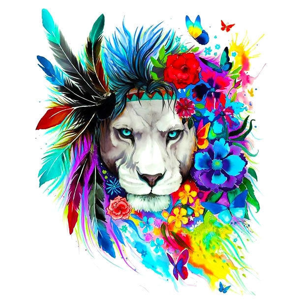 Colorful Lion Flowers Tattoo Design