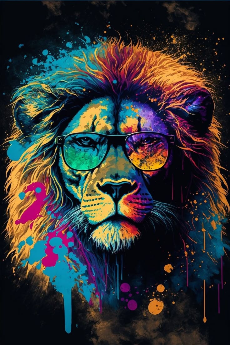 Colorful Lion In Sunglasses Portrait Print Vibrant Portrait Of 