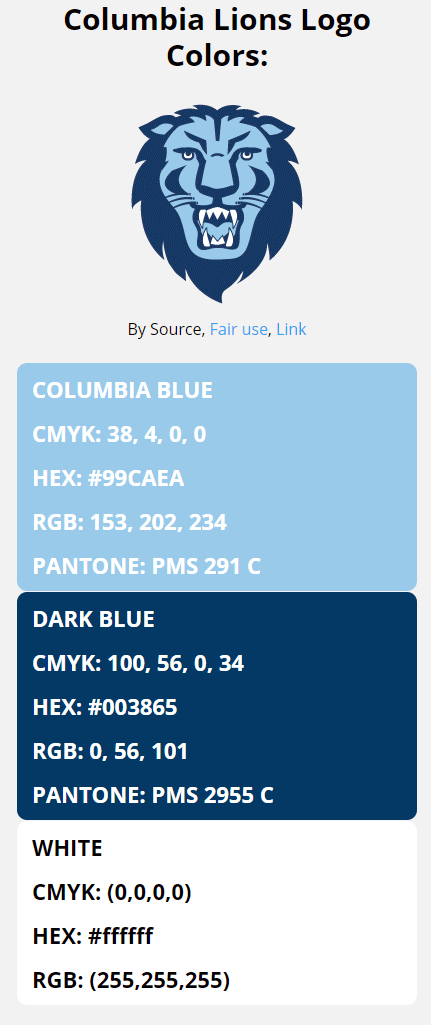 Columbia Lions Team Colors HEX RGB CMYK PANTONE COLOR CODES OF 