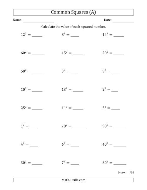 Commonly Squared Numbers A Worksheets Library