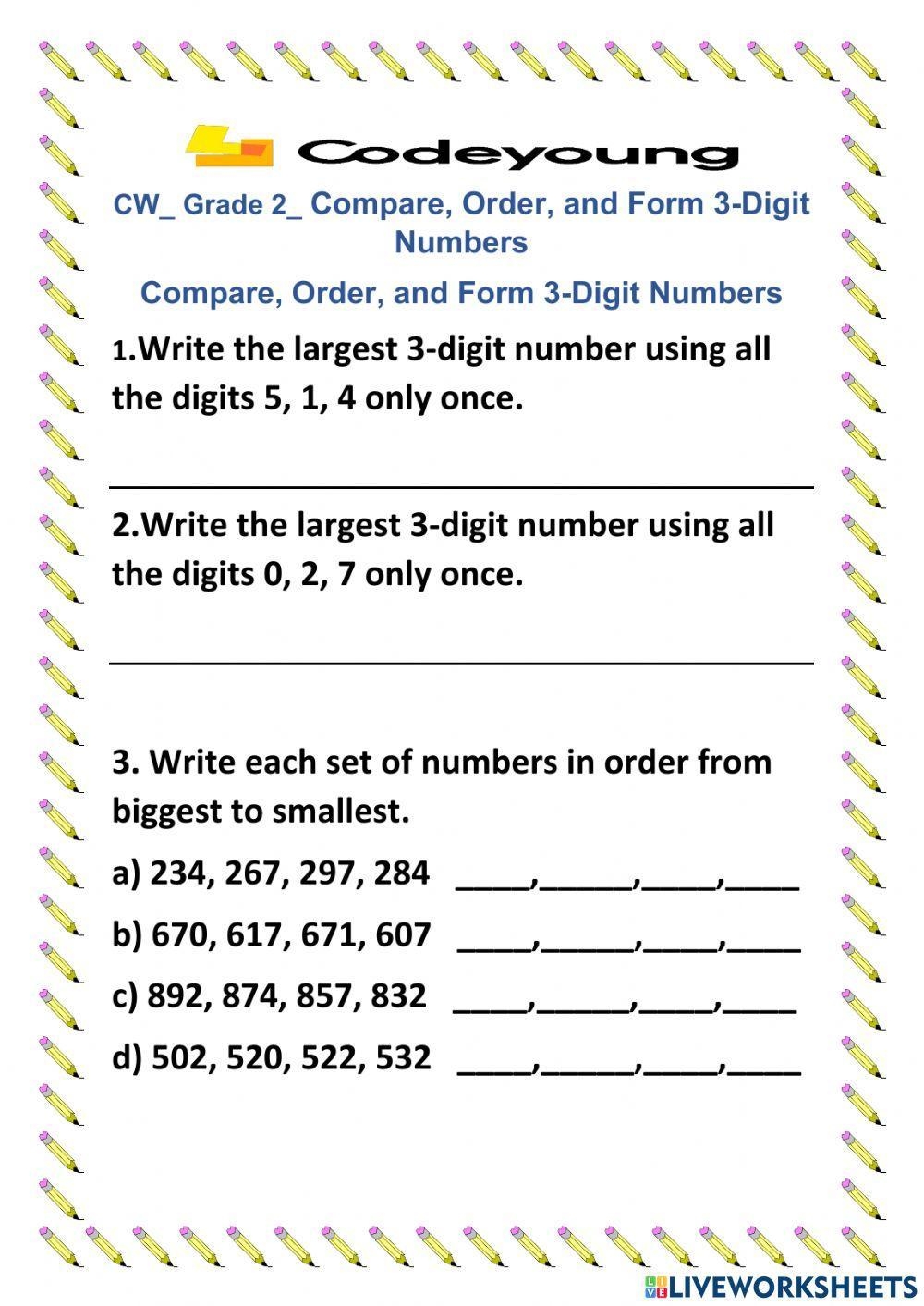Compare Order And Form 3 Digit Numbers Worksheet Live Worksheets 