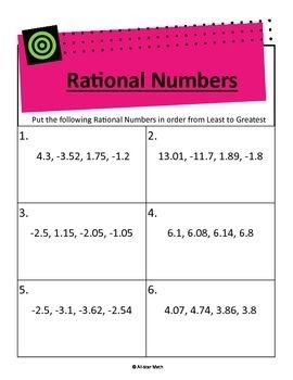 Compare Order Rational Numbers Decimals Rational Numbers 