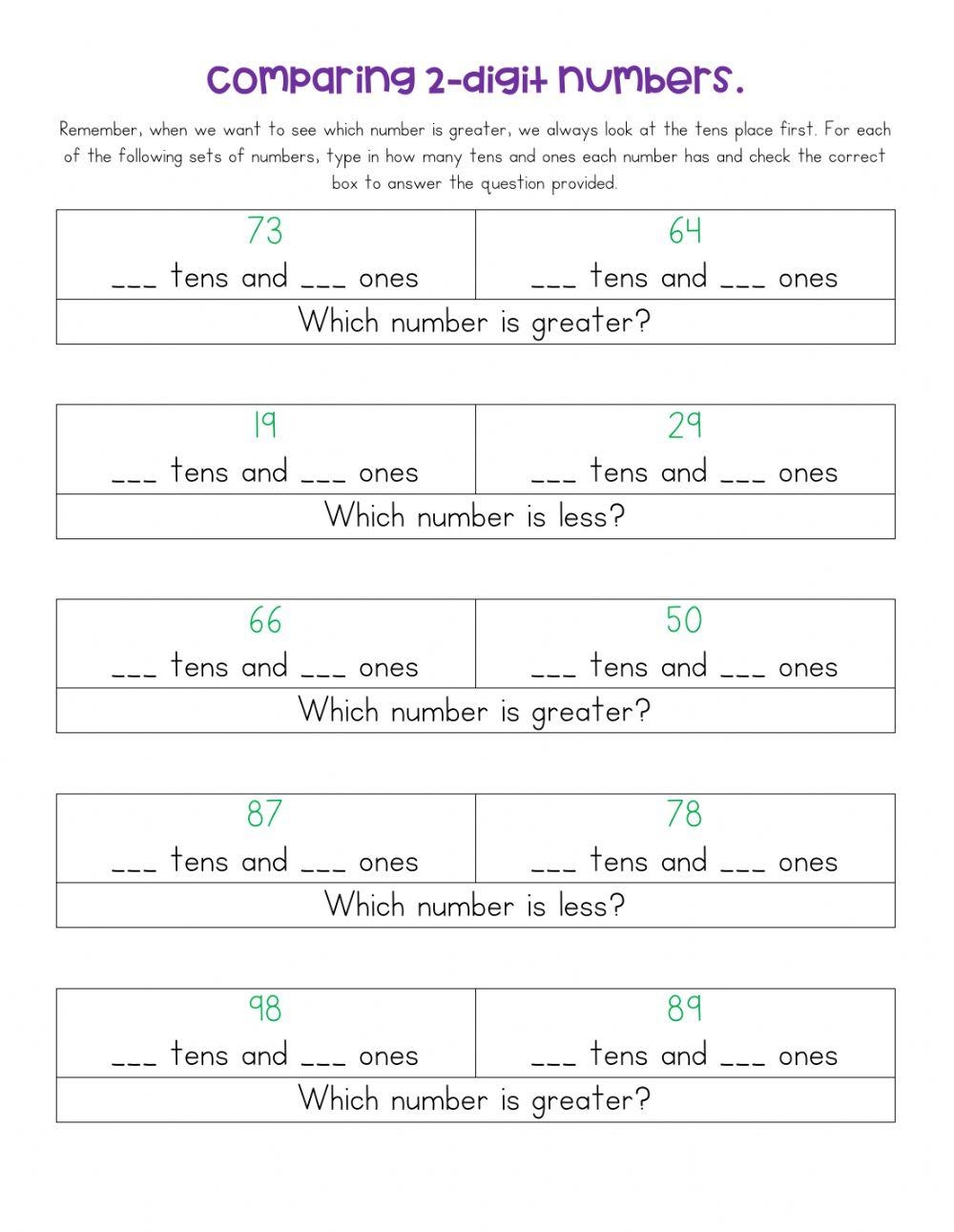 Comparing 2 Digit Numbers Worksheet Live Worksheets Worksheets Library